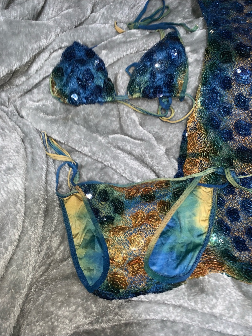 Sauvage California Sequined Mesh Bikini Top in Blue-Green